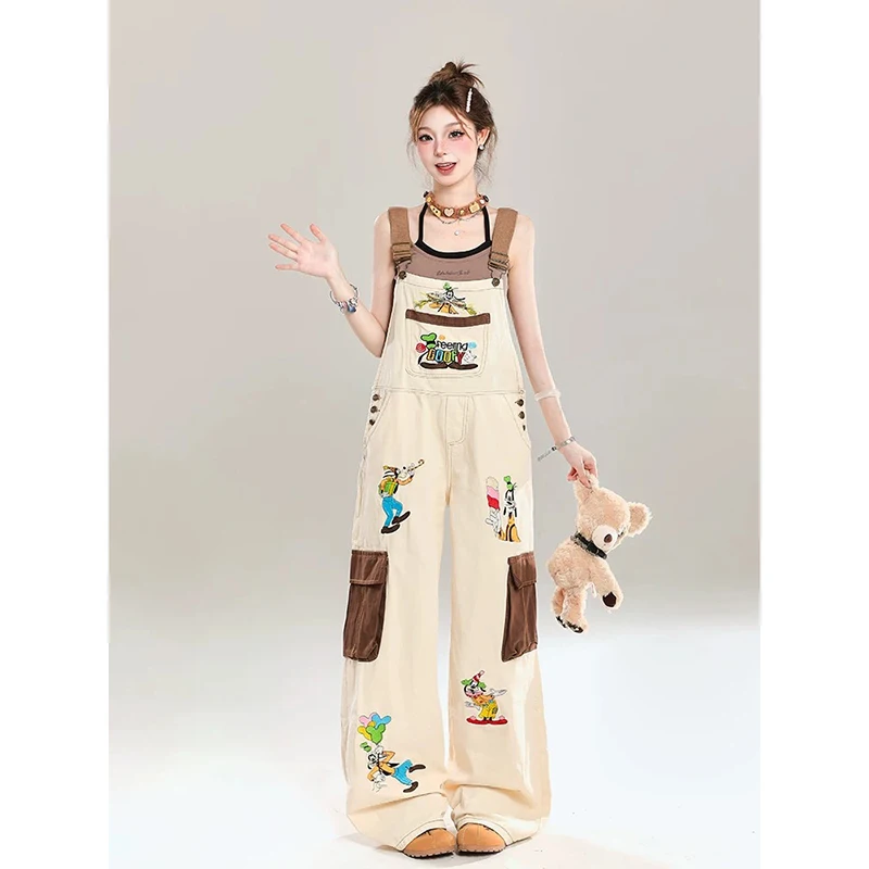 

Новые летние женские комбинезоны с высокой талией, свободные брюки с мультяшной вышивкой, повседневные милые брюки на бретелях в американском стиле