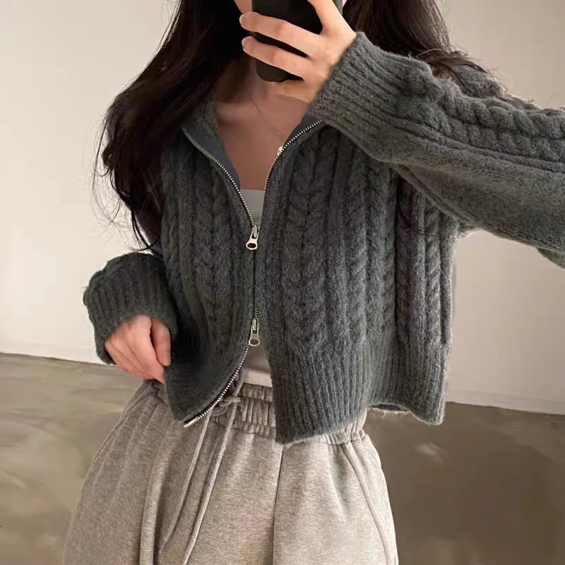 Knit Short Coat Long Sleeve Zipper Sweater Casual Women Cardigan Vintage Winter Korean Chic Elegant 2024 Lady Trend Top