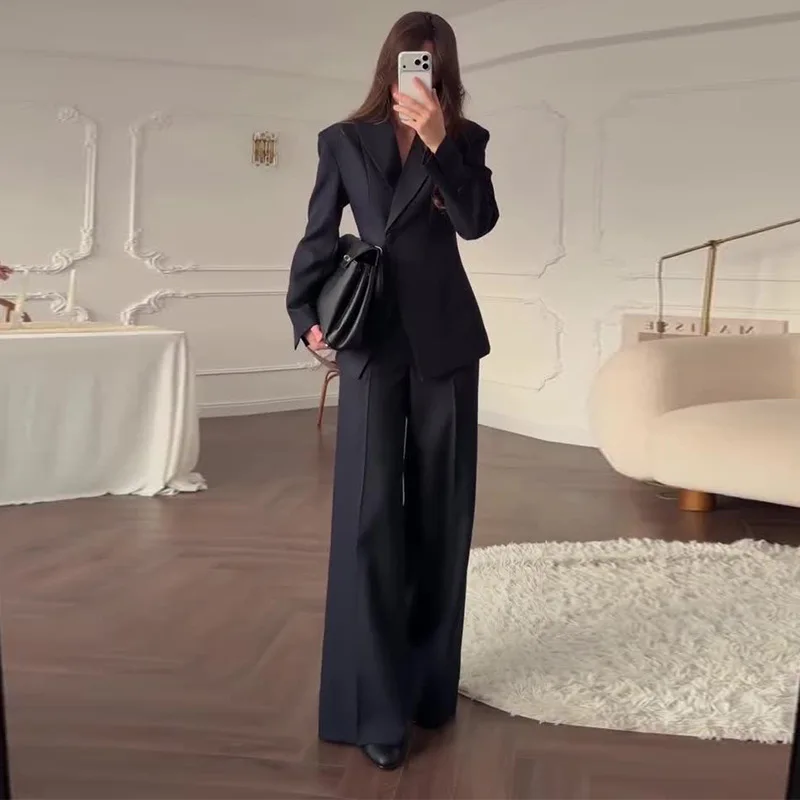 

2026 Spring New Women's V-neck Commuter Black Suit Straight Leg Pants Two-Piece Set Ensemble Femme 2 Pièces Été