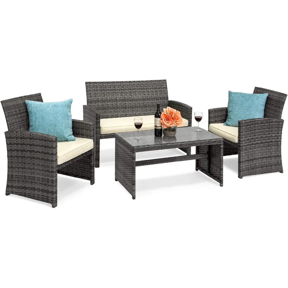 4-Piece Outdoor Wicker Patio Conversation Furniture Set for Backyard w/Coffee Table, Seat Cushions - Gray/Cream