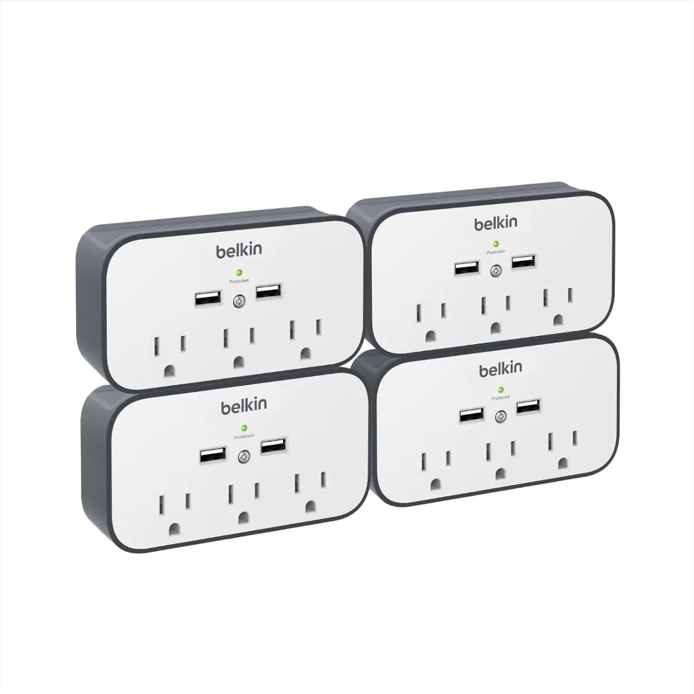موسع مخرج تيار متردد مثبت على الحائط مع 3 منافذ ومحطتين شحن USB - تصميم قابس مسطح دوار للاستخدام المنزلي
