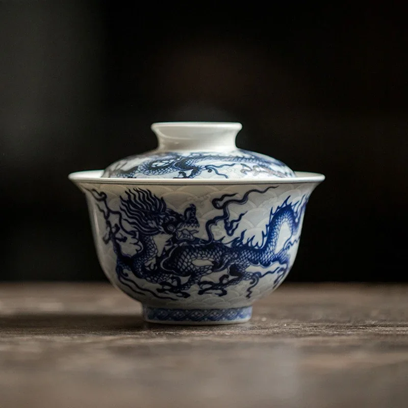 

Retro Antique Blue and White Underglaze Color Dragon Gaiwan Chinese Kungfu Tea Making Bowl Tea House Household Bowl