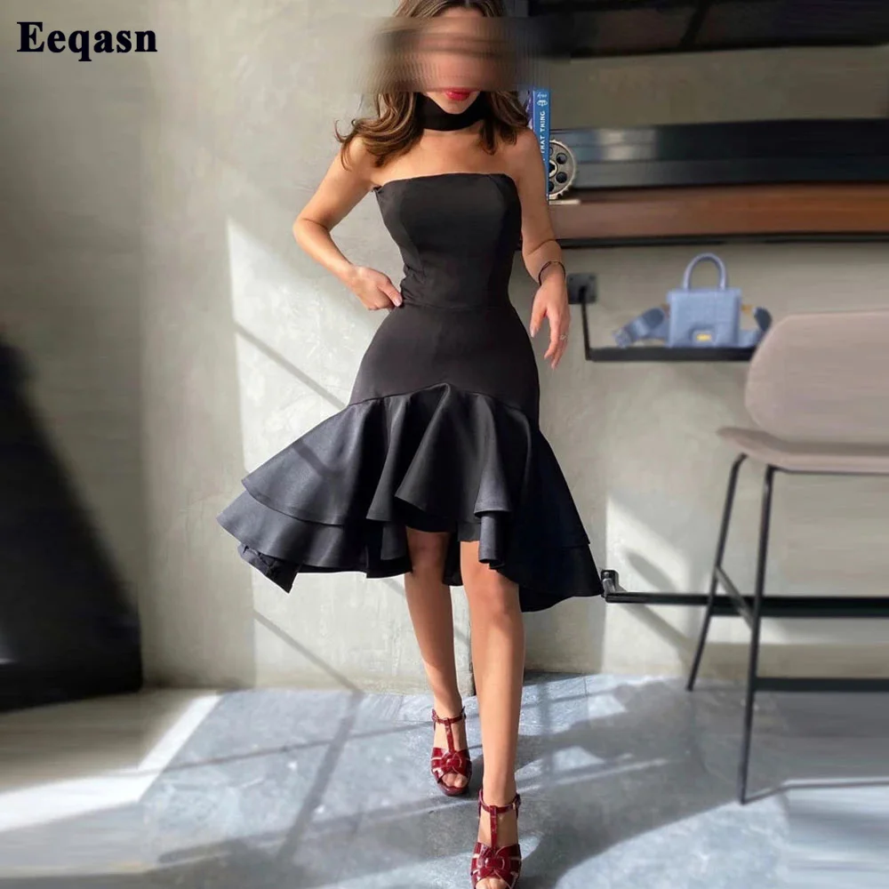 Eeqasn – robe de bal sirène noire moderne, en Satin extensible, courte, pour fête de mariage, arabie saoudite, jupe à plusieurs niveaux, robes de danse pour femmes