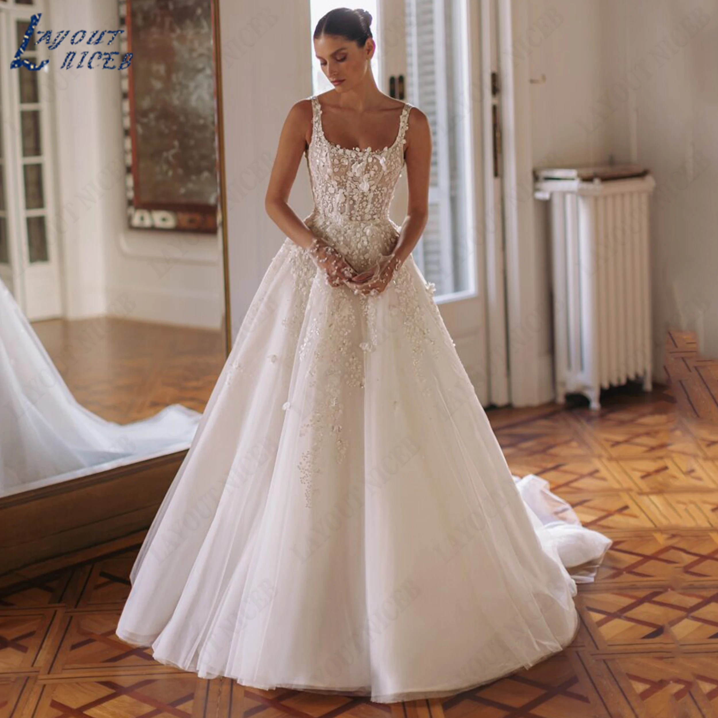 LAYOUT NICEB Vintage Sleeveless Wedding Dresses For Woman Bride Tulle Appliques Spagehtti Straps Vestidos De Noiva Customized