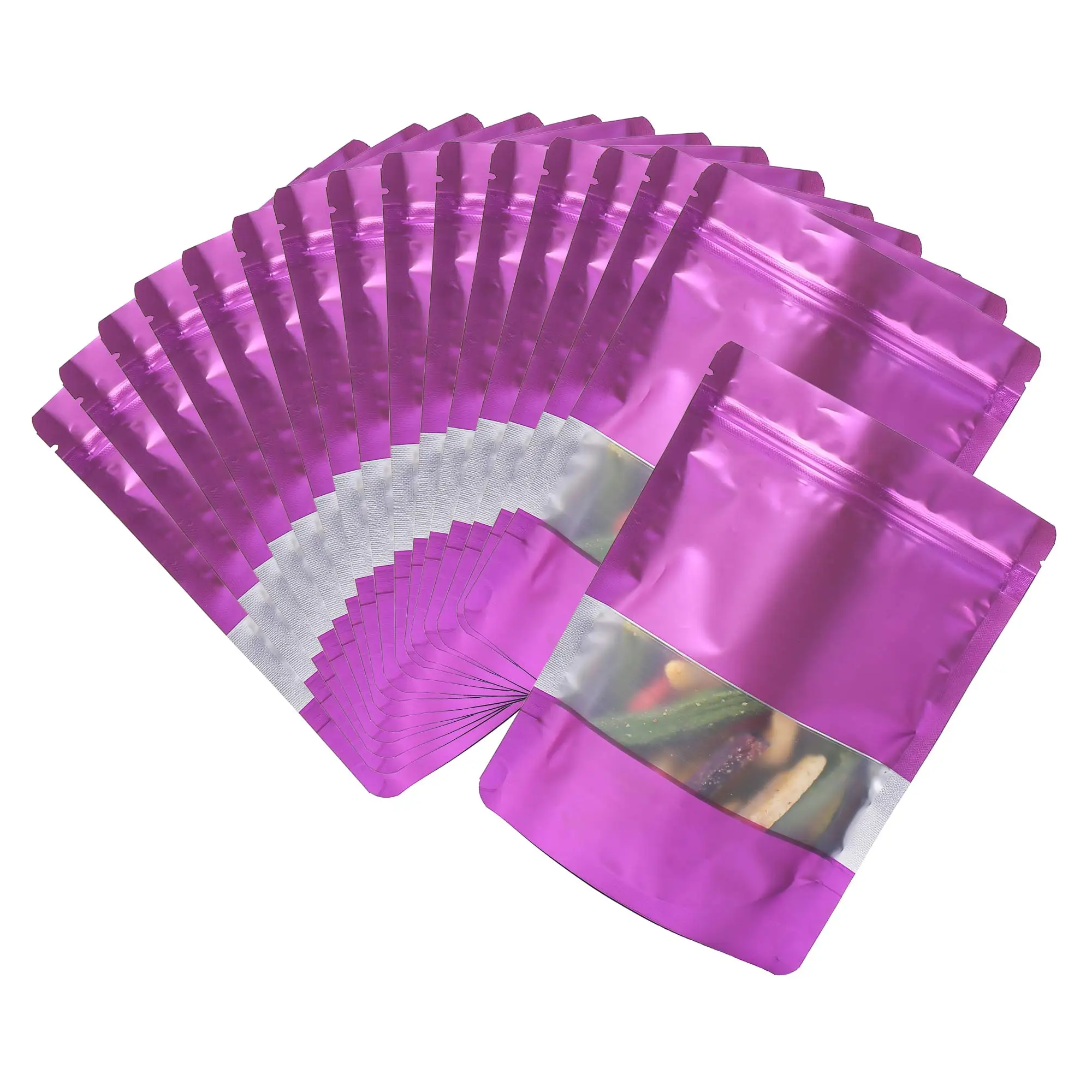 

100Pcs Various Size Metallic Matte Purple Stand Up Doypack Reclosable Smell Proof Food Grade Ziplock Aluminum Foil Mylar Bag