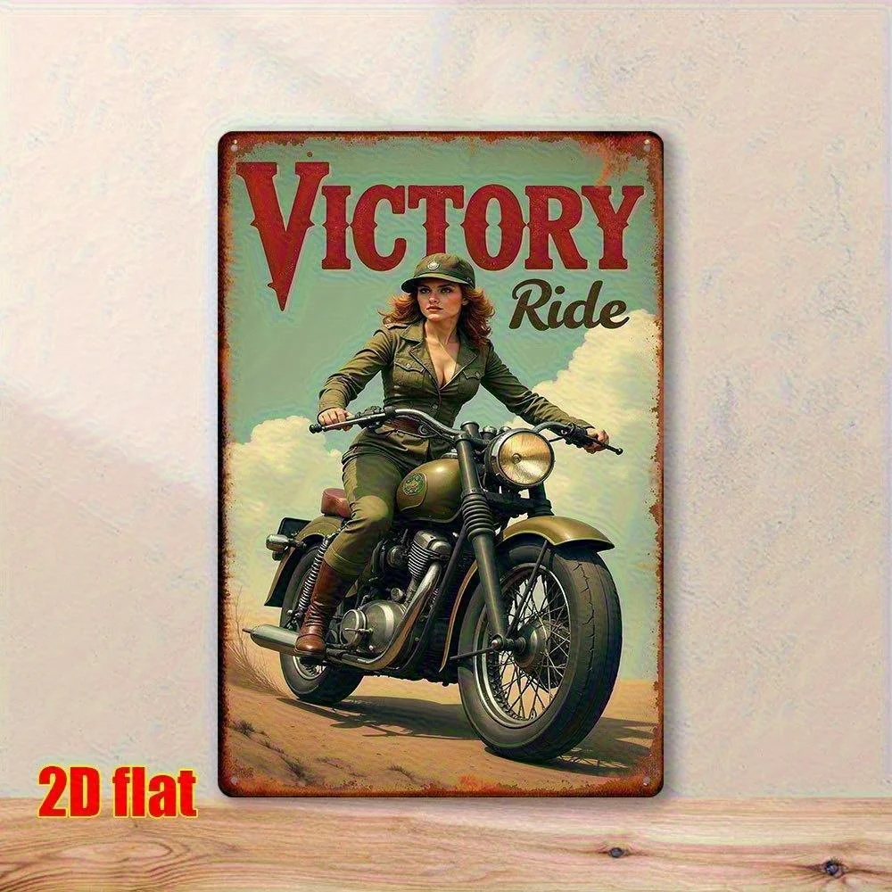 -  Vintage WWII Glamour Motorcycle Metal Wall Art - Retro Victory Ride Tin Sign Poster, Teal & Desert Background - Easy HookAdh