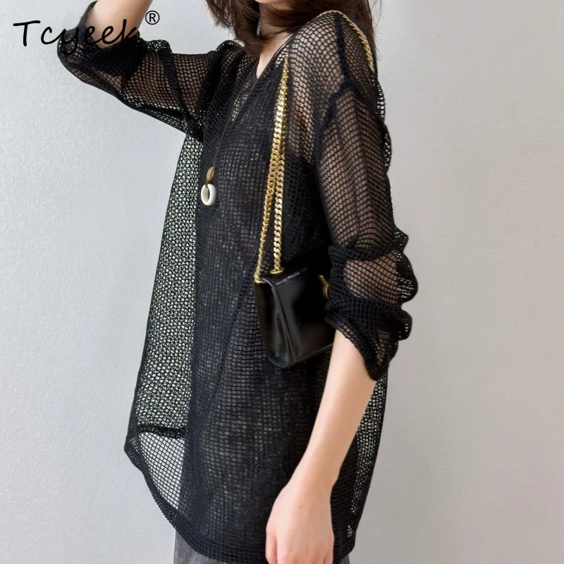 Tcyeek 100% Real Silk Shirts for Women 2026 Spring Summer Round Collar Fishing Net Style Loose Tops Woman Clothes Blusa Feminina