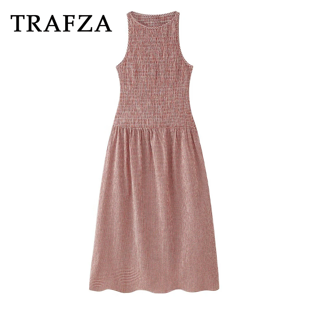 Kondala Chic Casual Plaid Vrouwen Jurken Plaid O-hals Geplooide Mouwloze Lange Trui Jurk 2025, Mode Zomer Vrouwelijke Vestido