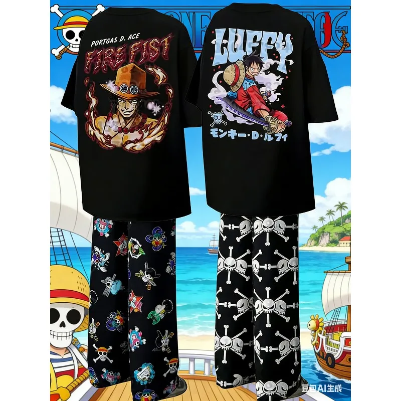 2026 Neue Anime One Piece Sommer T-Shirts mit Pyjamahosen Übergroße Anzüge für Erwachsene/Kinder Herren Damen Kleidung Homewear-Sets