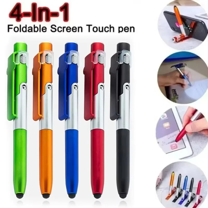 

4 In 1 Multi-function Foldable Ballpoint Pens With LED Light Folding Stand For Mobile Phone Holder Night Reading Stationery Pen