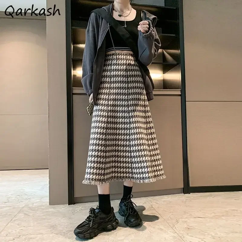 

Houndstooth Skirts Women High Waist New Autumn Winter Mid-calf Length Fashion Classic Ladies Elegant Ulzzang Casual Fur-lined