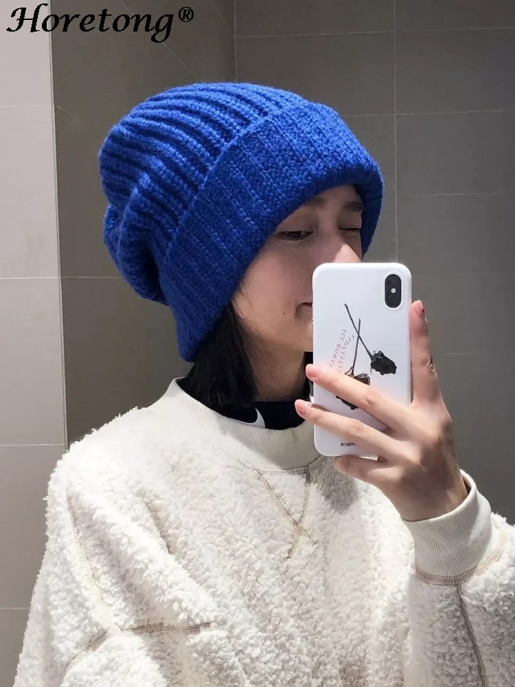 Horetong Winter Knitted Hat Women Korean Fashion Solid Outdoor Warm Beanies All-match Casual Elastic Comfortable Cap 2024 New