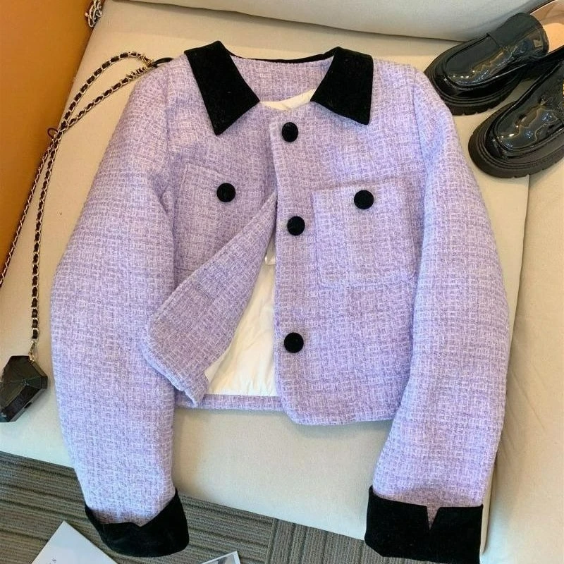

French Purple Coat for Women 2025 New Style Tweed Turn-down Collar Elegant Short Jacket