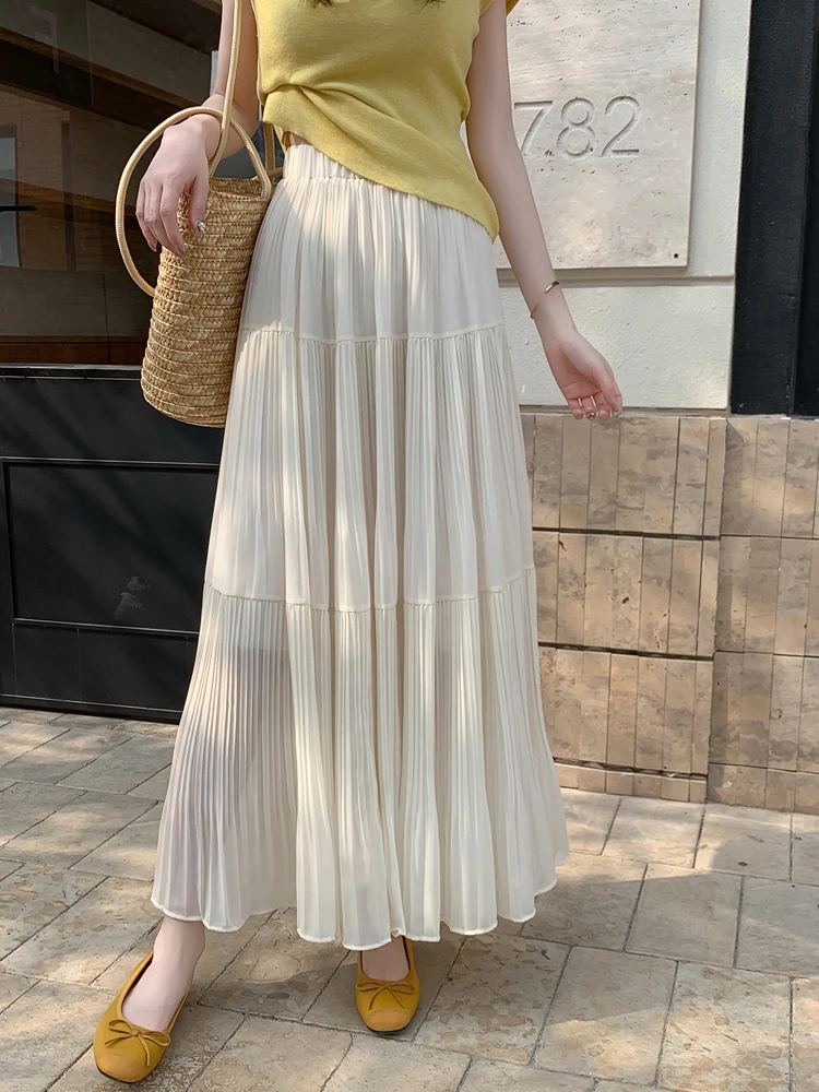 Biała Szyfonowa Plisowana Długa Spódnica w Kształcie Litery A Damska Letnia Nowa Elegancka Spódnica Midi z Wysokim Stanem i Szerokim Dołem w Kształcie Parasola Wyszczuplająca