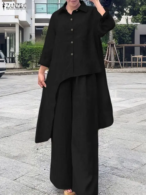 ZANZEA Stijlvolle 2-delige broeksets Dames Asymmetrische zoom Lange shirts en wijde pijpen Broek Past Outfits Effen kleur Woon-werkkleding