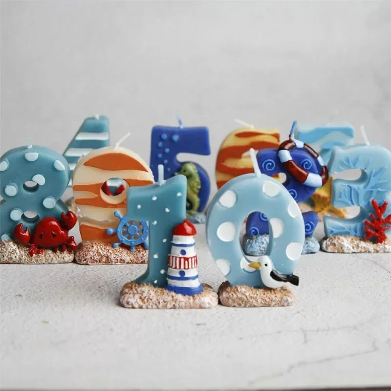 Ocean Number Birthday Candle Fish Cartoon Starfish Beach Seahorse Ship Army Theme Dessert Cake Topper Baking Supplies