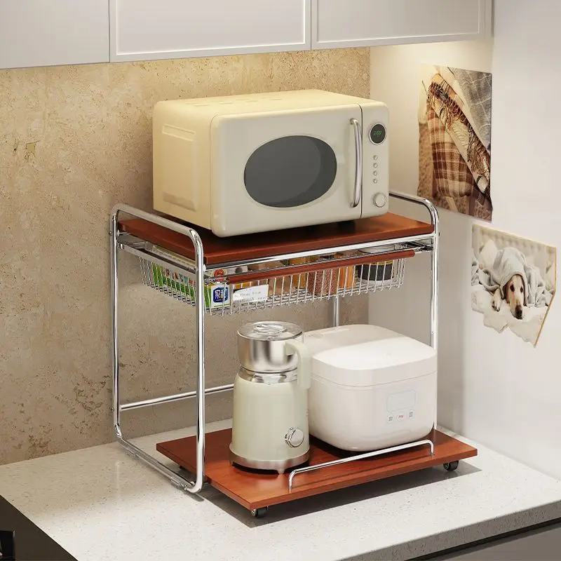 New kitchen rack, countertop, rice cooker shelf, pull-out seasoning rack, solid wood desktop storage box