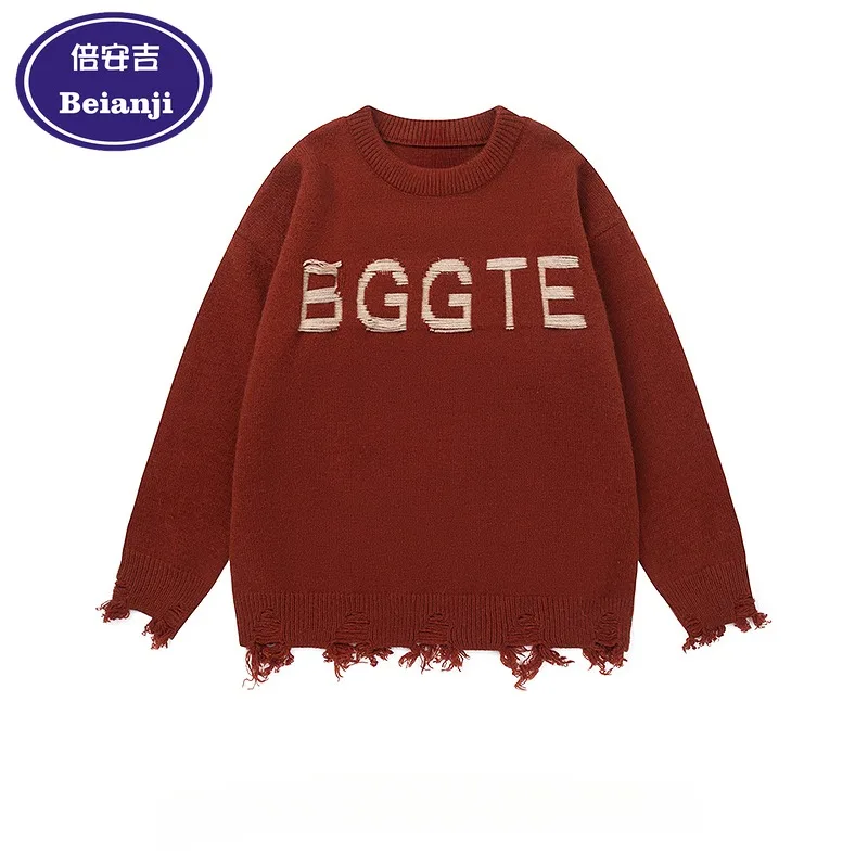 Beianji sweater American street destruction style red men's autumn/winter alphabet jacquard niche retro loose pullover sweater