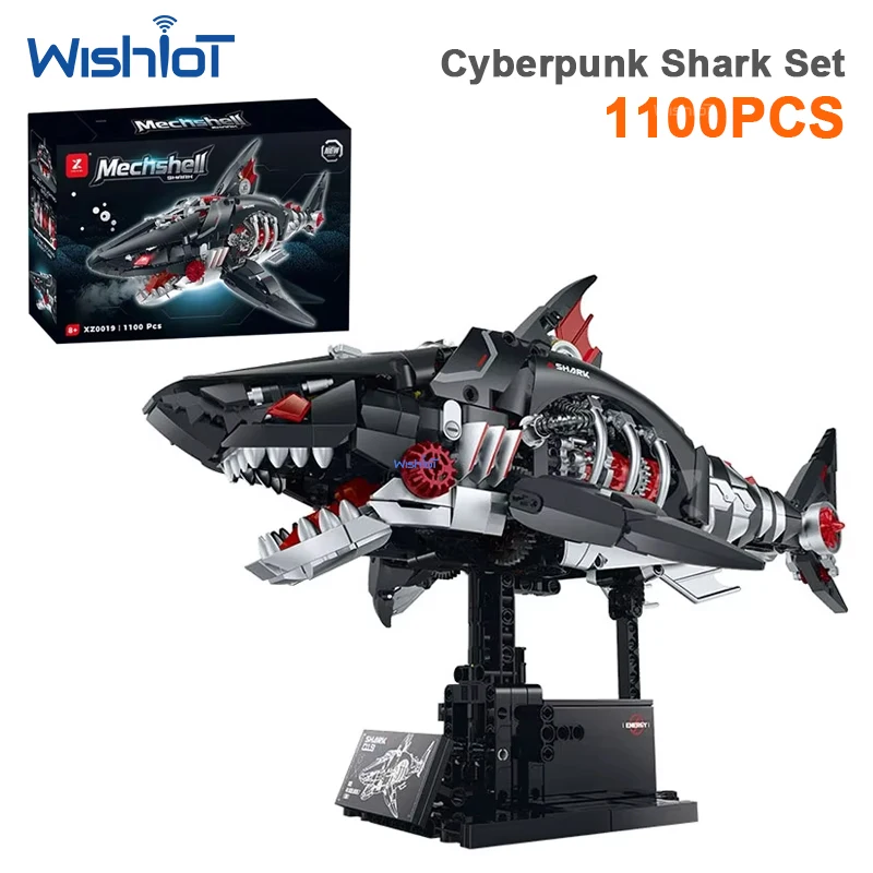 

1100Pcs Mechanical Cyber Shark Building Blocks With Light Spray Electric Motor Mechanical Sea Monster Bricks Toy For Boy Gift
