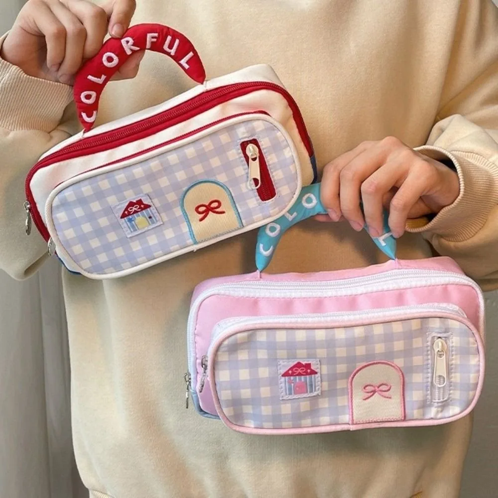 Tas Pensil Rumah Dopamin Bordir dengan Ritsleting, Tas Penyimpanan Alat Tulis Portabel Kapasitas Besar, Kotak Pensil Kreatif untuk Sekolah