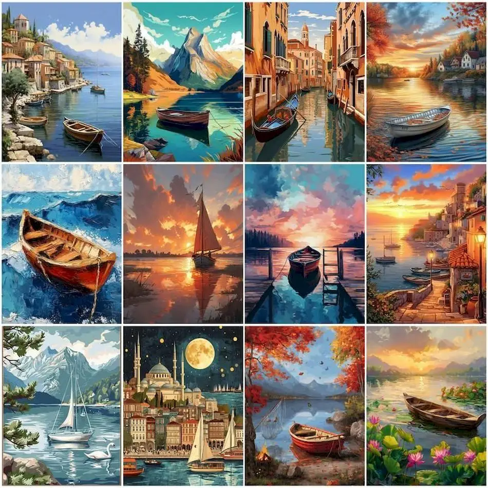 

RUOPOTY Painting By Numbers With Canvas Frame Small boat scenery mountains and rivers Picture Drawing Acrylic Home Decor Items