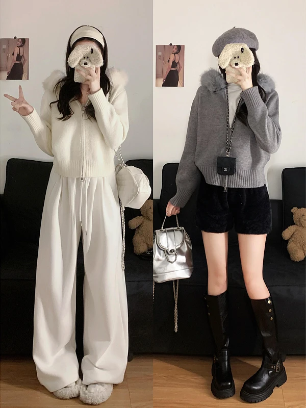 معطف محبوك بقلنسوة للخريف والشتاء، سترة نسائية كاجوال نحيفة محبوكة مفتوحة مع ياقة من الفرو