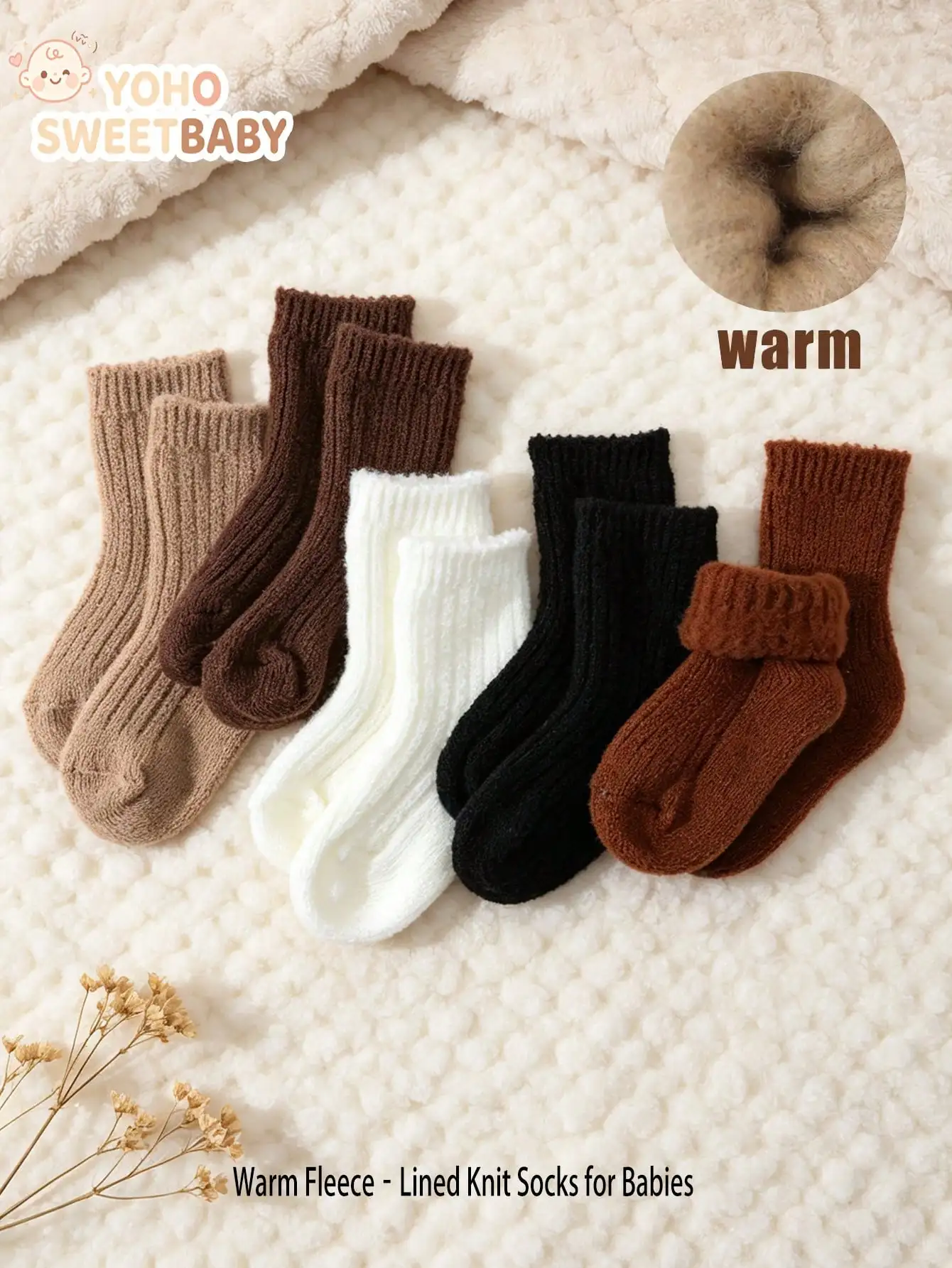 5 Pairs Baby Kids Fleece Lined Knit Mid‑Calf Socks Thick Warm Thermal Socks Unisex Toddler Socks For Autumn Winter Daily Wear