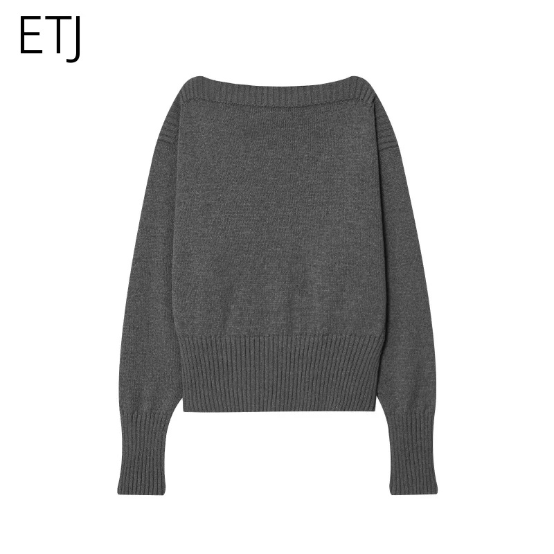 Etj outono 2025 nova moda feminina cor sólida gola solta manga longa malha design elegante sentir camisola