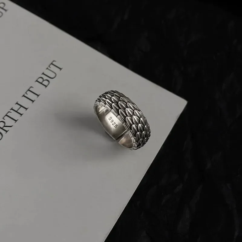 Retro Reverse Scale Ring Men Trendy Cold Wind Dragon Scale Index Finger Ring Simple Domineering Imitation Thai Silver Open