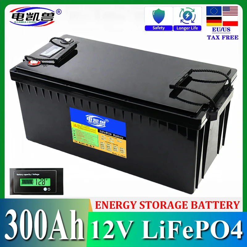 New 12V 300Ah LiFePO4 Battery Pack, Built-in BMS Lithium Iron Phosphate Battery 4S 12V RV Camper Golf Cart Solar duty-free