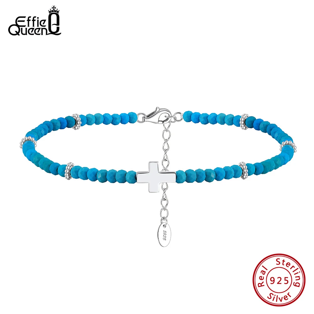 

Effie Queen Natural Turquoise Stone Beads Women Anklet With Cross Charm Gift 925 Pure Silver Ankle Bracelet Summer Jewelry SA86
