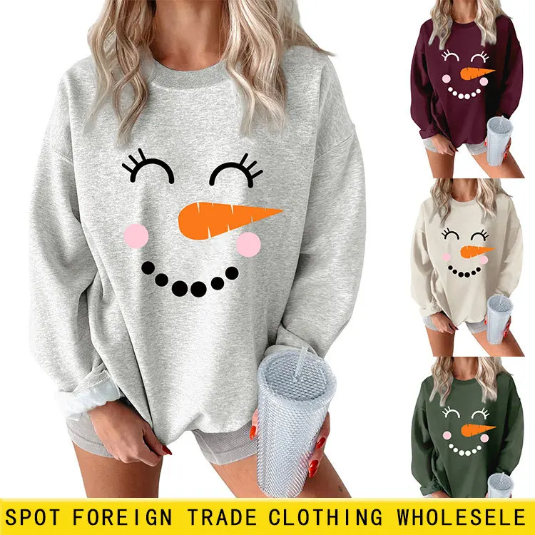 Women's Sweatshirt Autumn Winter Female Thicken Long Sleeve Tops Snowman Printed Plus Velvet Warm Pullovers Lady's Outwears