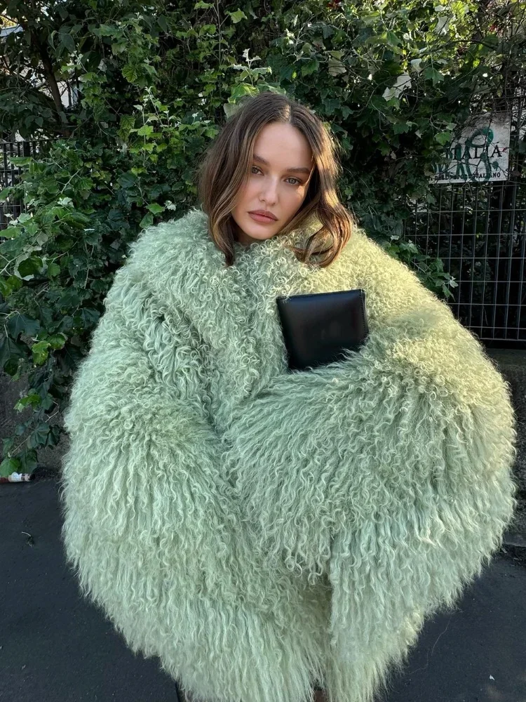 Fashion Green Women's Furry Faux Fur Coat Casual Loose Lapel Long Sleeved Warm Short Jackets Female Winter Chic Outerwear