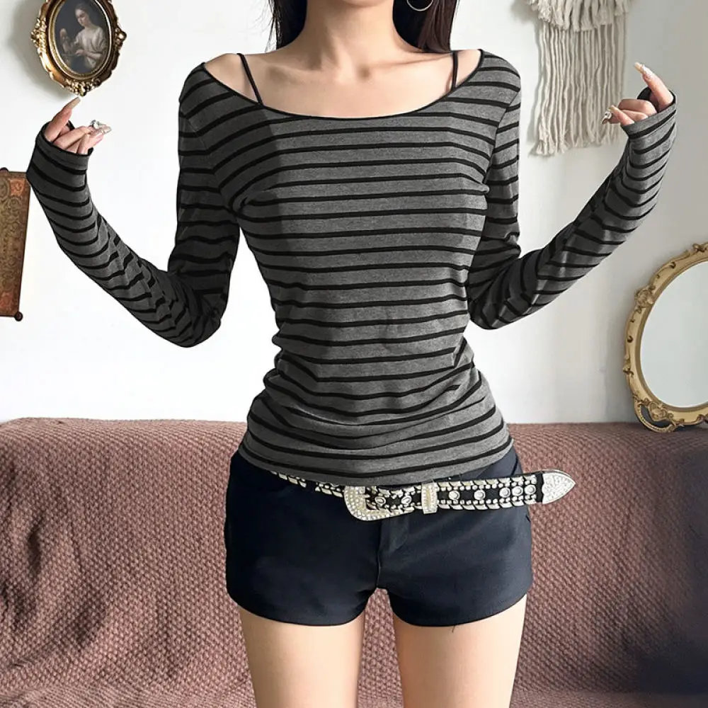 Womens Casual Striped Off Shoulder Long Sleeve T Shirt Autumn Slim Fit Knit Blouse Elegant Sexy Tops Streetwear Pullover