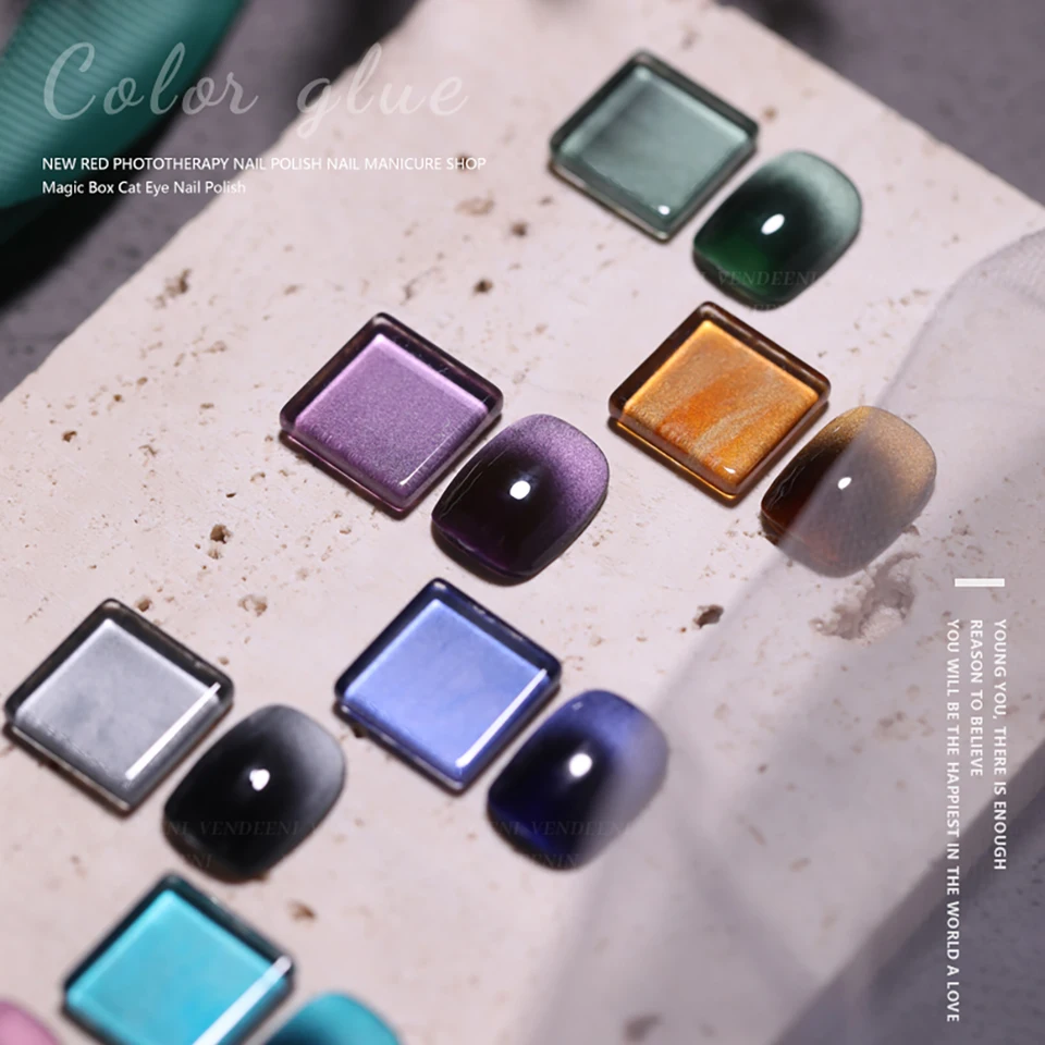Set de esmalte en gel magnético ojo de gato Vendeeni 9 colores, UV LED, removible, con exhibidor 3