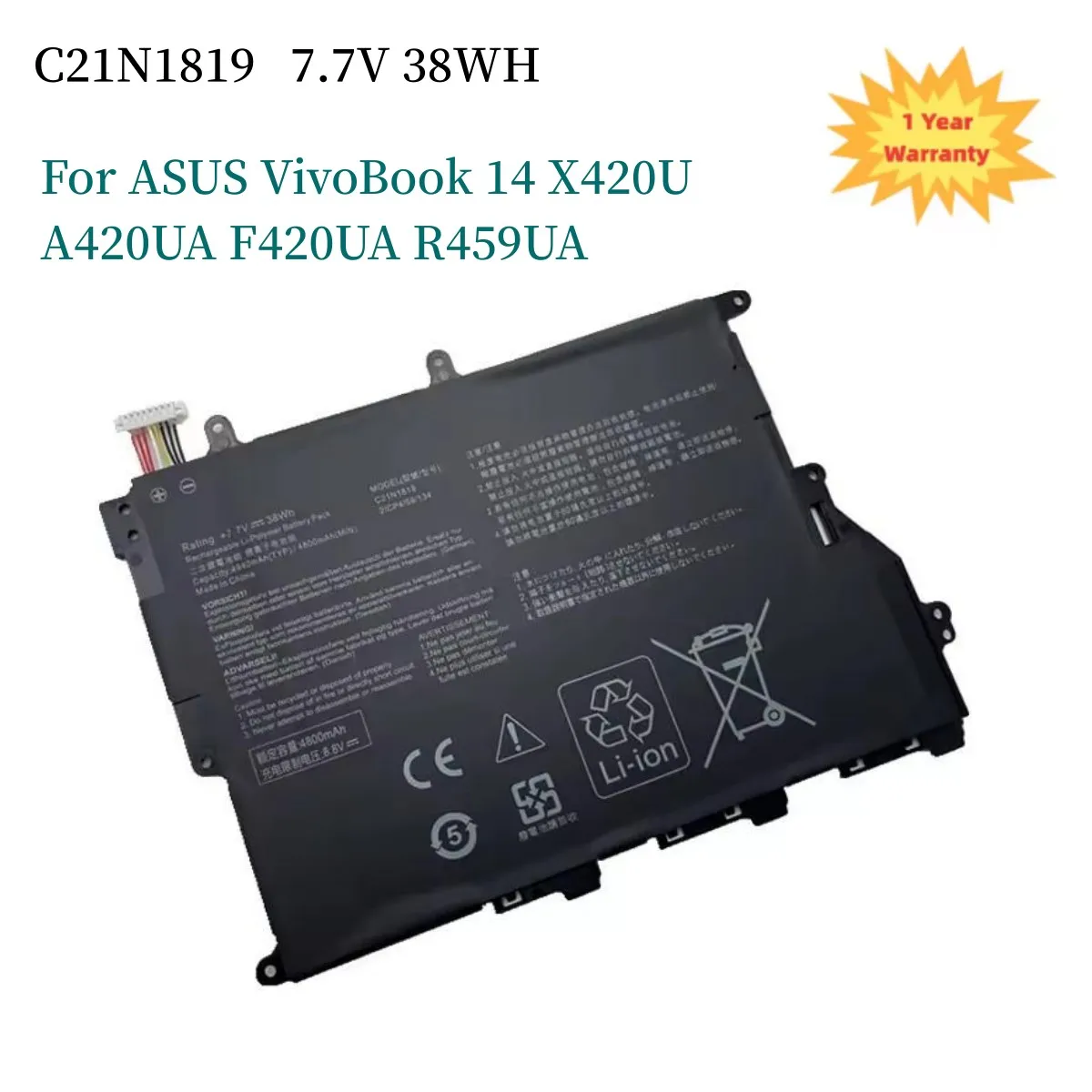 

New C21N1819 Laptop Battery for ASUS VivoBook 14 X420U A420UA F420UA R459UA 7.7V 38Wh Y406F Y406U
