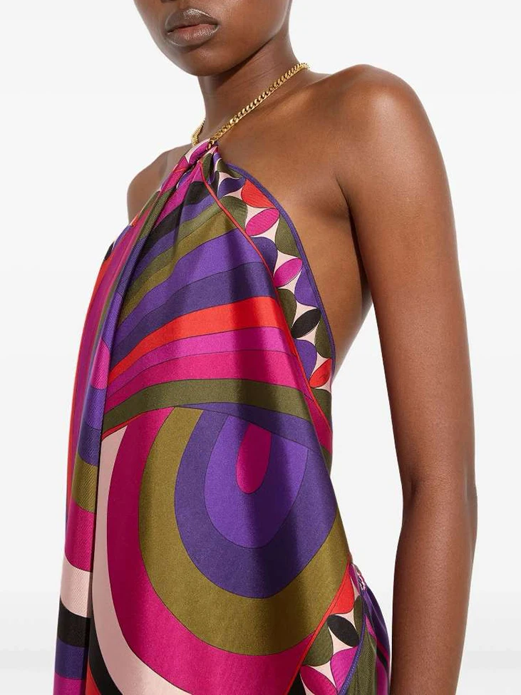 

Летний модный винтажный шелковый топ с геометрическим принтом для отдыха на природе, женский, на тонких бретельках с металлической цепочкой, сексуальный, с открытой спиной