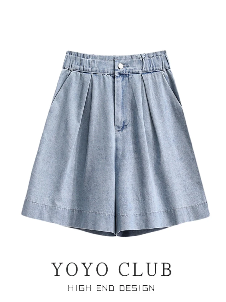 

High Waist Wide Leg ort Jeans Women's Summer Thin A-Line Five-Quarter Casual Trousers Blue Denim Brand Bule