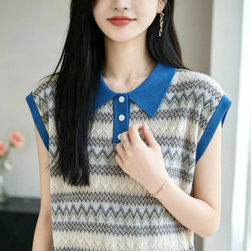 Women's POLO collar T-shirt summer Lyocell knitted short sleeved casual color blocked pullover loose top fashionable hot selling