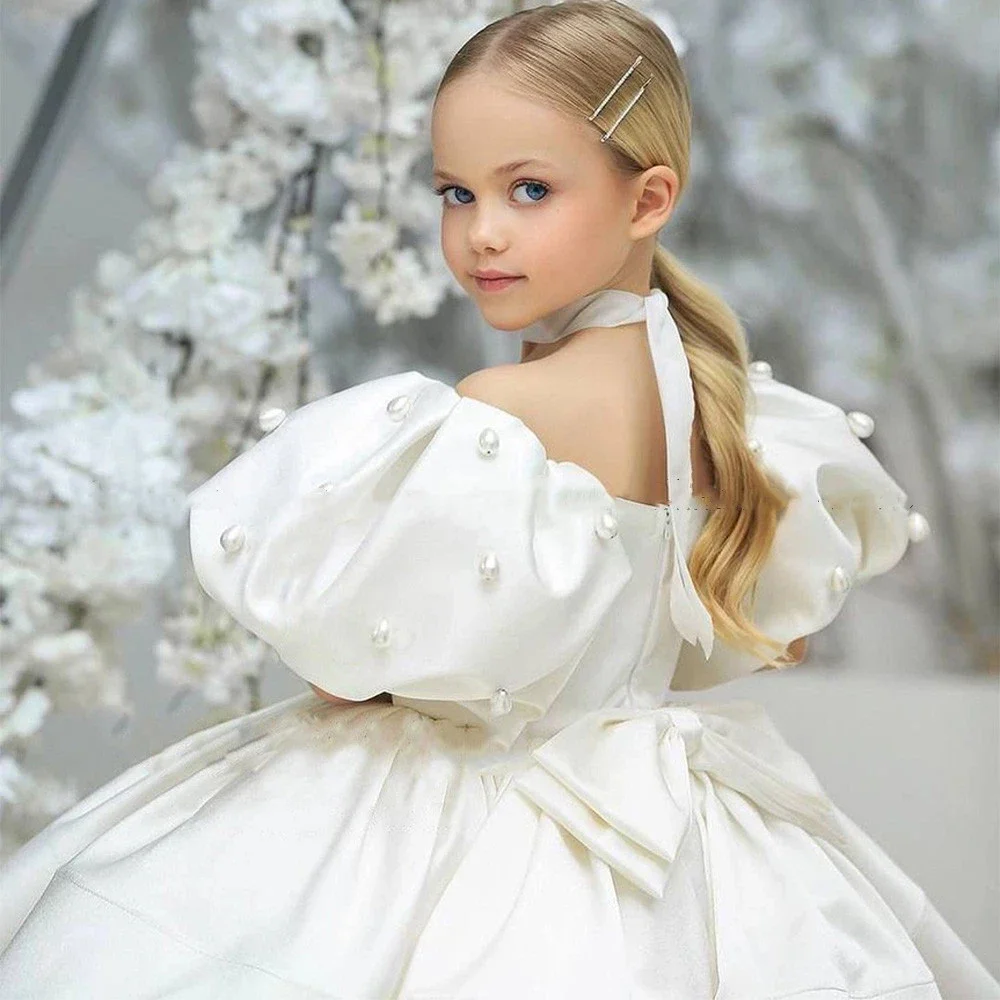 2024 Flower Girl Dress Scoop Neck Puff Girls Party Dresses for Wedding Short Sleeves Satin Kids Christmas Ceremonial Dress