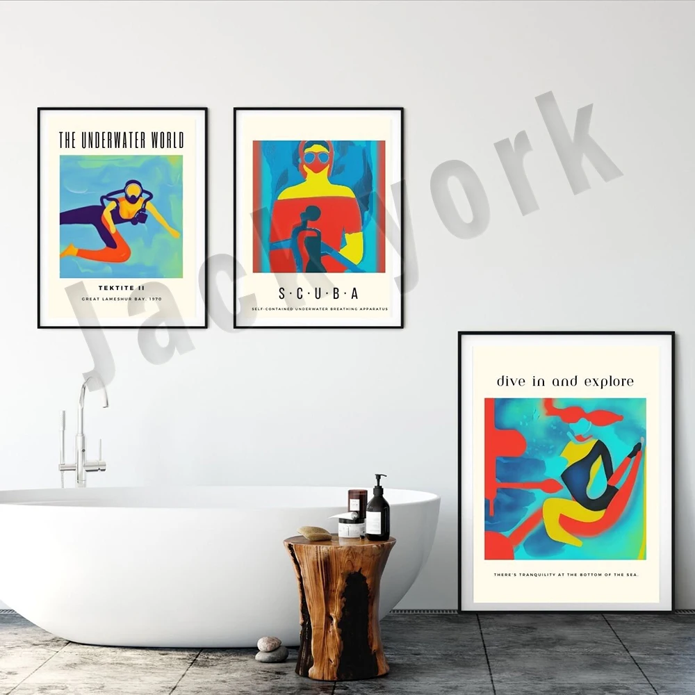 gallery wall art prints, cubism style diving posters, scuba diving, blue orange aesthetic, bathroom decor, diving posters