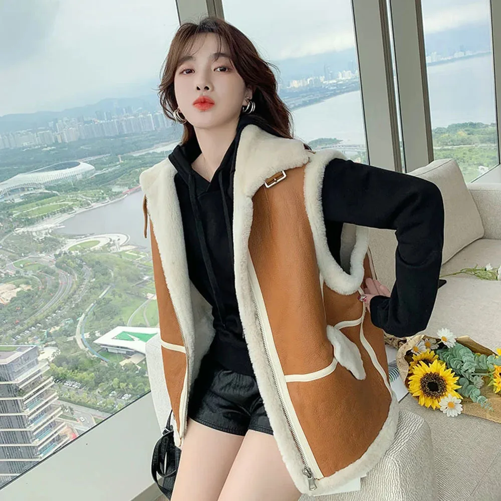 

Winter Wool PU Leather Jacket Vest Female Winter Fur Integrated Thick Lamb Korean PU Leather Coat Clothing Fashion Loose