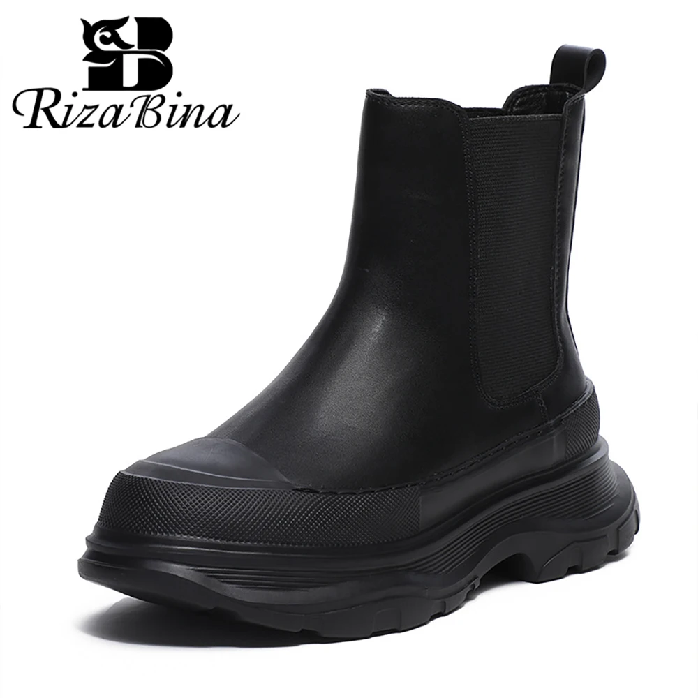 RIZABINA Women\'s Chelsea Boots Chunky Heel Elastic Band Round Toe Slip-on Ankle Boots  Female Fur Winter Fashion Platform Boots