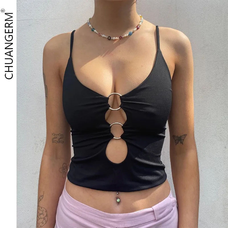 

CHUANGERM Solid Casual Sleeveless Cami Top Women Push Up Backless Hollow Out Sexy Crop Tops Tees Fashion Fitness Camisole