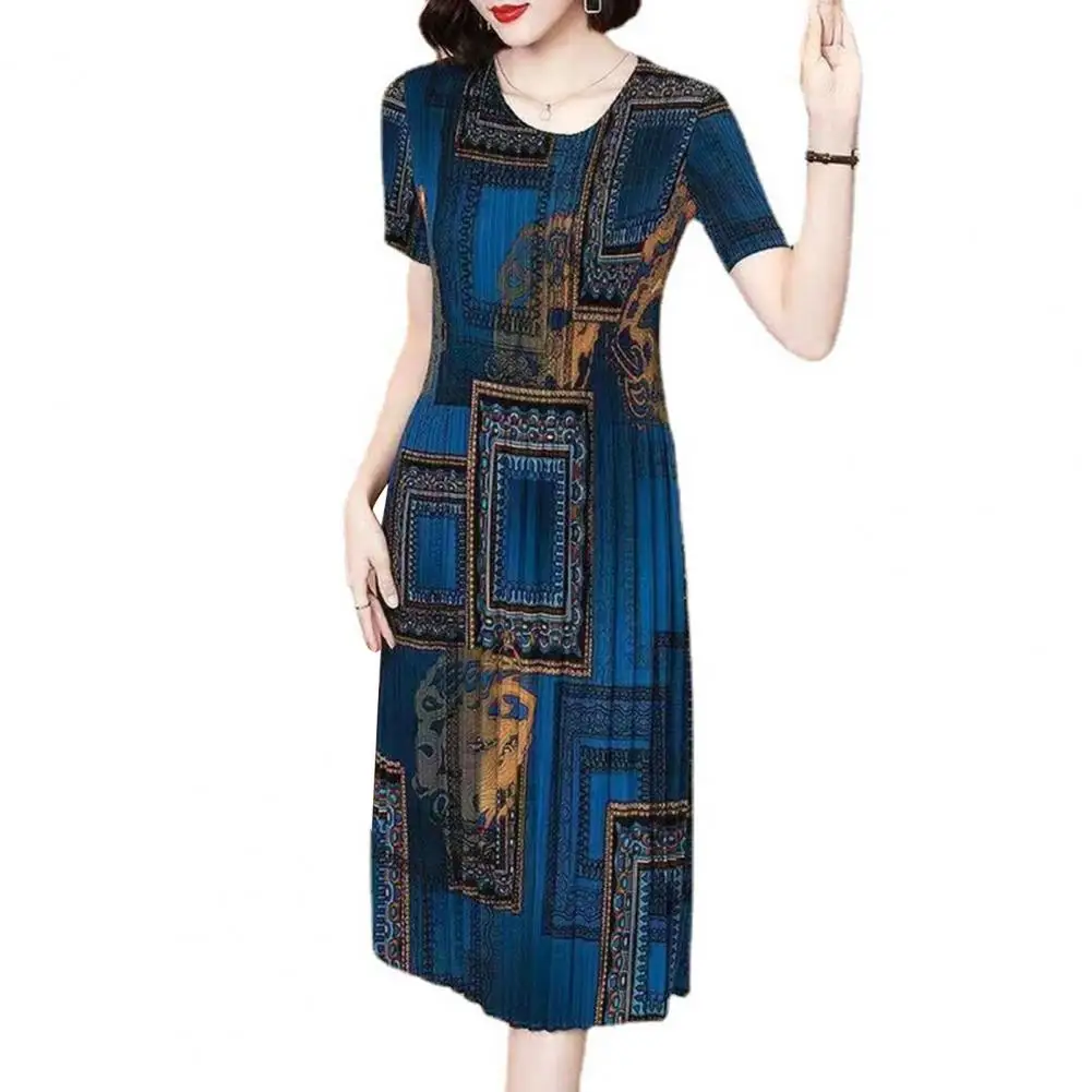 Printed Dress Vintage Print Knee Length Midi Dress for Mid-aged Women Slim Fit Office Prom Party Dress with Short Sleeves