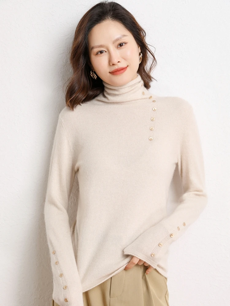 Women 100% Cashmere Sweater Turtleneck Long Sleeve Pullover Autumn Winter Basic Buttons Simple Style Cashmere Knitwear Tops