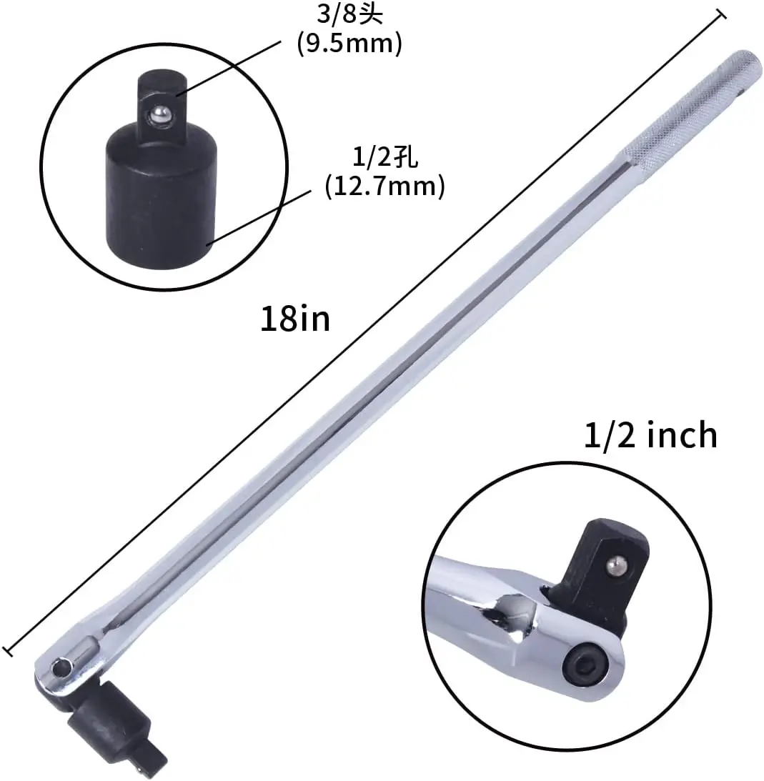 F Rod Wrench Socket 1/2Breaker Bar With 1/2 to 3/8 Adapter 180 Degree Rotatable Breaker Bar Activity Head Strong Breaking Rusted