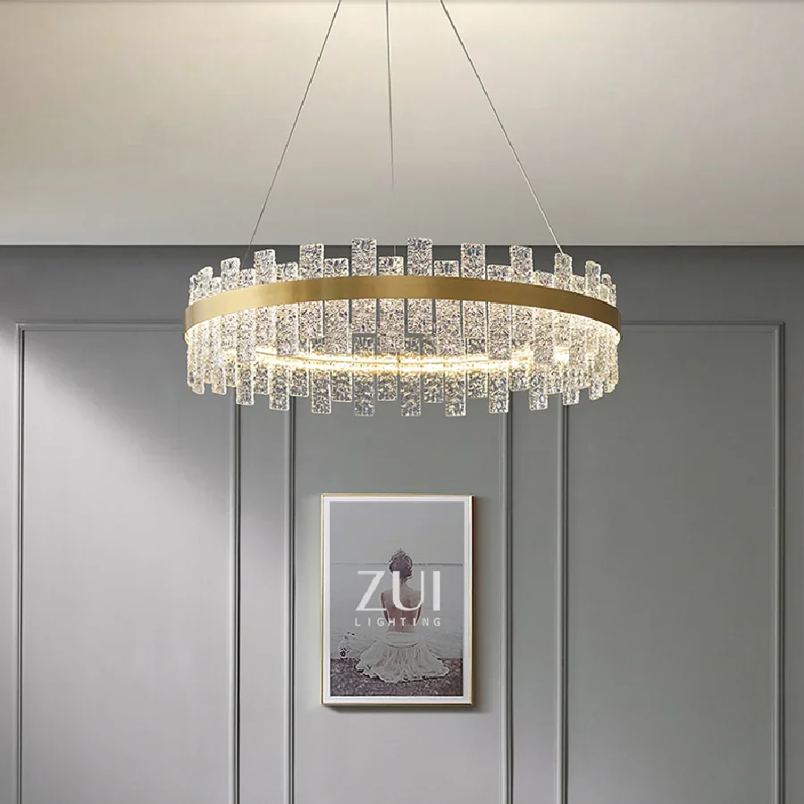 Morden Lce Block Glass Ceiling Chandelier Led Round Dining Room Living Room Pendant Lamp Home Decor Hanging Light Lustre Fixture