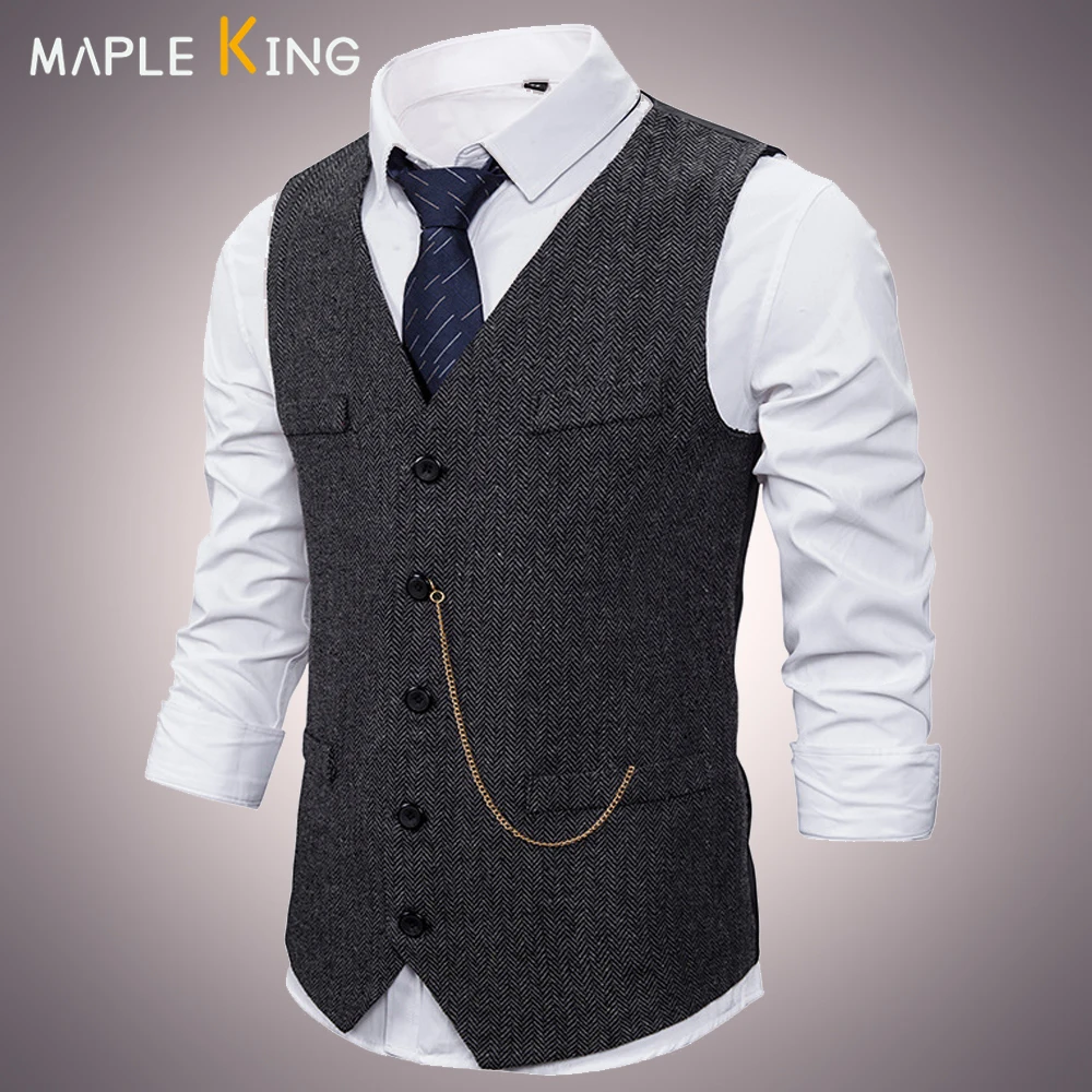 

Formal Mens Suit Vest 2024 New Casual Chain Solid Color Business Tweed Vest Gilet Homme Costume Waistcoat For Wedding Groomsmen