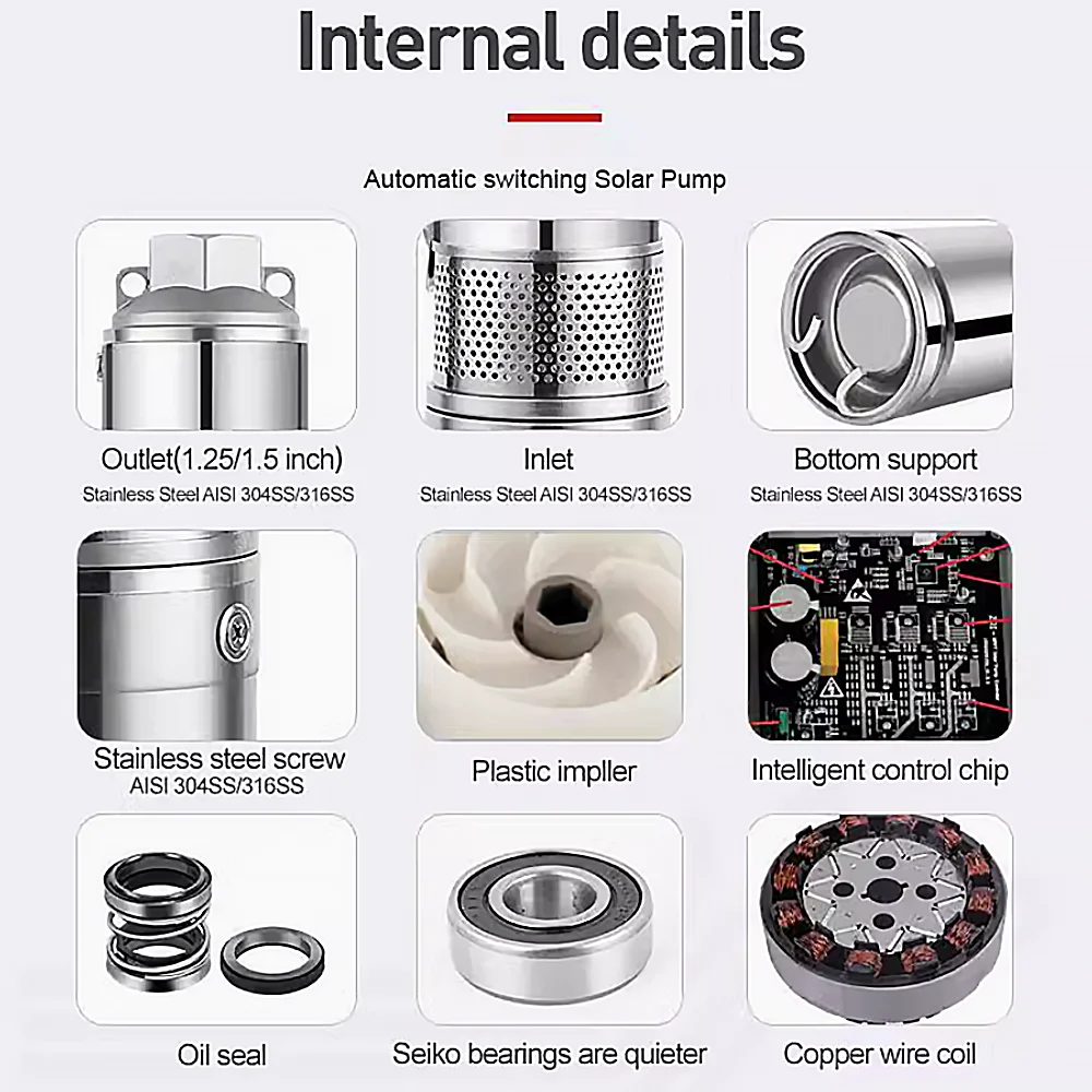 مضخة بئر عميقة تعمل بالطاقة الشمسية عالية لري مياه المزرعة للتجارة الخارجية، مضخة تيار مستمر غاطسة عالية الرفع من الفولاذ المقاوم للصدأ لارتفاع